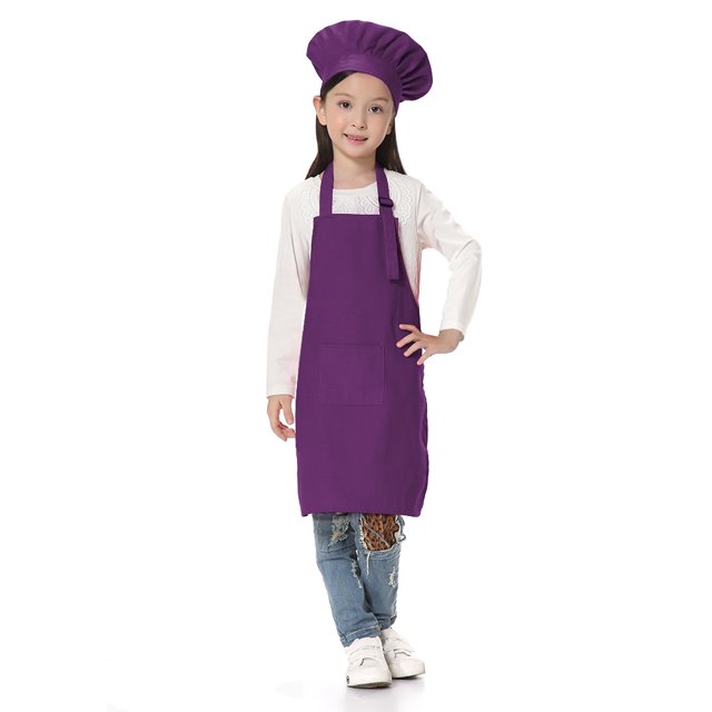 TOPTIE Kids Apron and Chef Hat Set, Adjustable Cotton Child Cooking Kitchen Apron, S-XXL-Purple-L