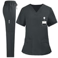 thumbnail image 1 of Women's Solid Color Loose Drawstring Pants Pocket Caregiver Short Sleeve V-Neck Top Nurse Uniform Set, 1 of 4