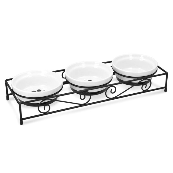 Navaris Ceramic Pet Bowl Set - Small Dogs Puppies and Cat Food Bowl with Non-Slip Retro Metal Stand - Dog or Cat Bowls for Indoor Cats and Dogs - Set of Bowls 10.8 oz Each