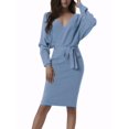 thumbnail image 2 of INSPIRE CHIC Robe Midi pour Femme Col en V Profond Manches Chauve-Souris Longues Ceinturée Robe Chandail Portefeuille S Bleu, 2 of 5