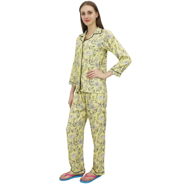 Bimba Chemise Jaune Boutonnée Pantalon de Pyjama 2 Pcs Ensemble de Nuit à Imprimé Floral-30