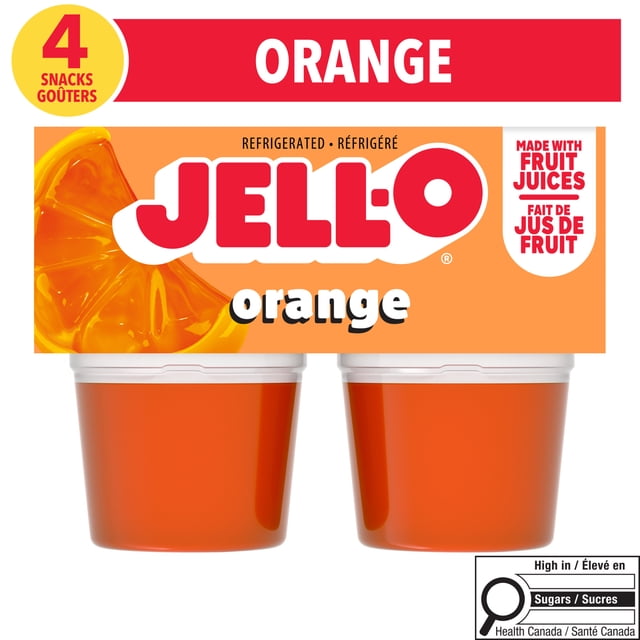 Jell-O Collations de Gélatine Réfrigérée Orange, Quatre Tasses Individuelles de Gélatine à Saveur d'Orange dans un Emballage Scellé Fait avec des Jus de Fruits, Sans Caséine, Conçues pour les Collations Réfrigérées, Étiquetées Riches en Sucres par Santé Canada.