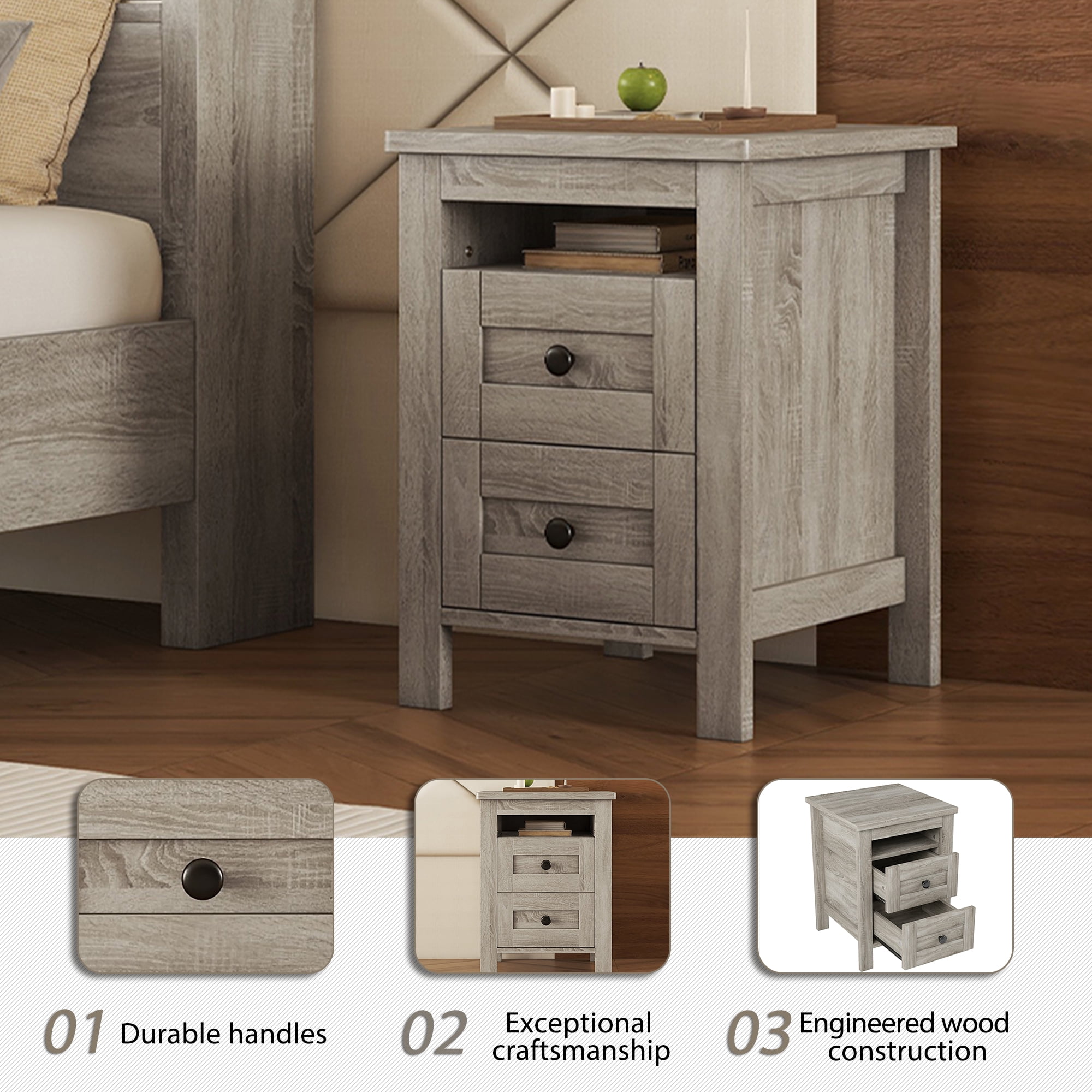 Ensemble de chambre 3 pièces Noble House : lit plateforme de style ferme, grand lit, gris antique