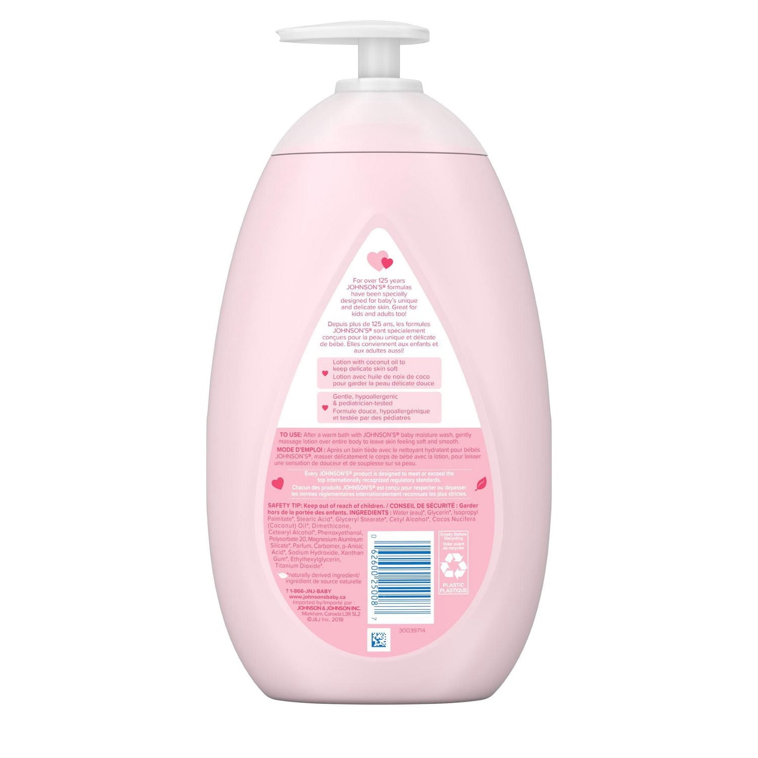 Lotion hydratante pour bébés Johnson’s - Hydratant pour le crops à l'huile de coco - Soins de la peau pour bébés - Sans parfum - 400 ml