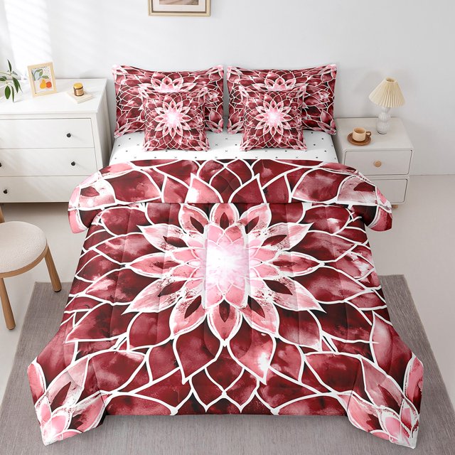 YST, Dahlia dégradé Tie Dye, Ensemble de couette, Floral exotique, 7 pièces, Rouge Bourgogne, Reine