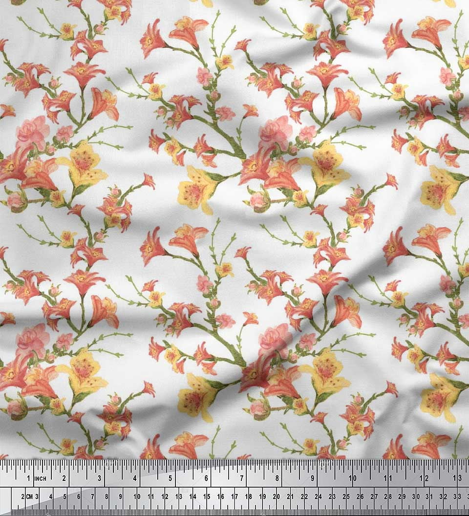 Soimoi Tissu Crêpe polyester Blanc Imprimé Floral Feuilles & Azalée au Mètre 42 Pouces de Large