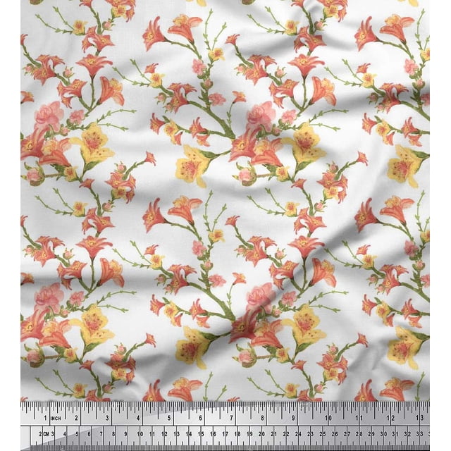 Soimoi Tissu Crêpe polyester Blanc Imprimé Floral Feuilles & Azalée au Mètre 42 Pouces de Large