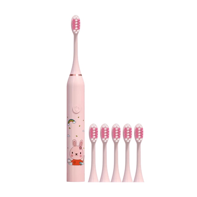 New Tooth Cleaning Toothbrush Toothbrush Floss Cleaning Brush with a pink design featuring a cartoon rabbit illustration, paired with five interchangeable brush heads. This USB rechargeable electric toothbrush delivers 31000 high-frequency vibrations per minute for effective tartar and stain removal. It offers 5-speed vibration intensity controlled by a button and includes a long-lasting battery. Ideal for adult oral care.