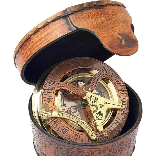 Nauticalmart - Antique Brass & Copper Sundial Compass, Sundial Clock in Box Gift Sun Clock Ship Replica Watch