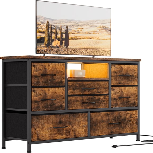 QinaQin Jojoka 8 Drawer LED Dresser TV Stand with Power Outlet for 55 inch TVs. Wide Storage Chest for Bedroom Living Room or Entryway. Wood Top Console Table with 22 Light Modes