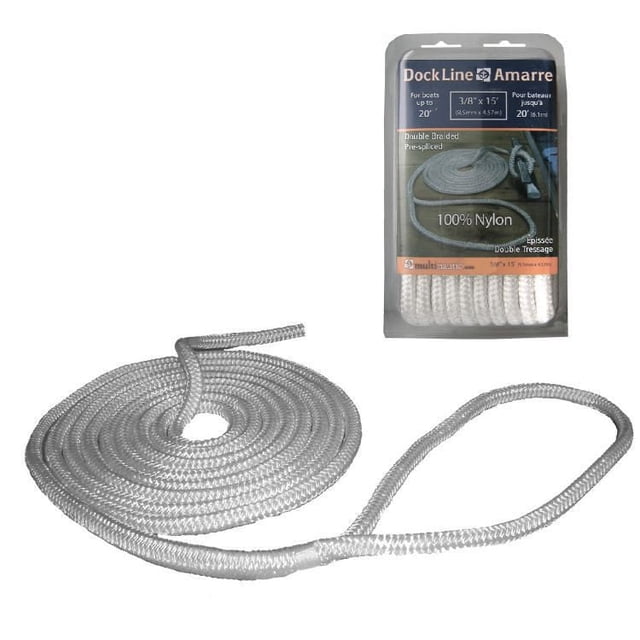 Dock Line Pré-Épissée en nylon Blanc à 100 %, double Tressage avec un Diamètre de 3/8 Po et une Longueur de 15 Pieds, avec une Boucle Pré-Épissée à une Extrémité, Montrée en Spirale à Côté de Son Emballage de Vente au Détail Étiqueté pour Bateaux jusqu'à 20 Pieds, Convient à un Amarrage Sécurisé et à l'Utilisation à Quai.