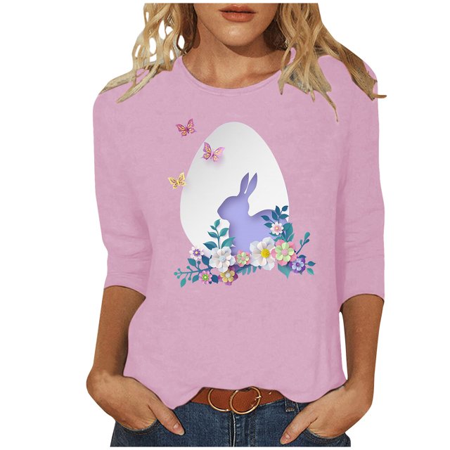 RKSTN Womens Tops Easter Cute Bunny Printed Loose Fit Tops Round Neck 3/4 Sleeve Spring Summer Soft Blouse Tops