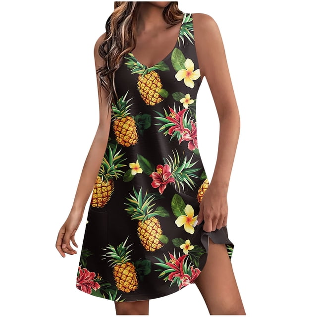 Staron Robes d'Été pour Femmes Amples à Col en V Boho Robe Trapèze à Imprimé Floral Fluide Sans Manches Printemps Plage Vacances Robe d'Été avec Poches P