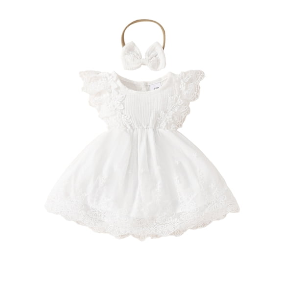 Gupgi Baby Girls White Dress Infant Fly Sleeve Crew Neck Lace Patchwork Sweet Princess Dress with Headband