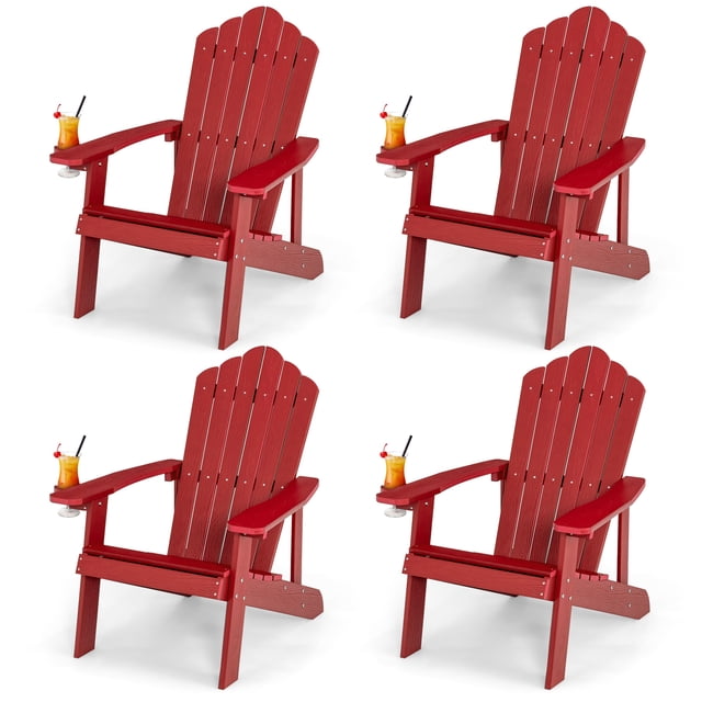 Patiojoy Chaise Adirondack 4 Pcs Hanches Chaise Adirondack avec Porte-Gobelet Grain de Bois Réaliste Chaise d'Extérieur Résistante aux Intempéries pour Capacité de Poids de 380 Lb Rouge