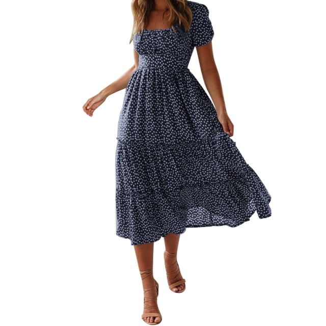 2025 Robe d'Été pour Femmes Évasée Robes Courtes pour Femmes Robe à Manches Décontractée Imprimé Floral Robes Extensibles pour Femmes Décontractées Fluide Midi