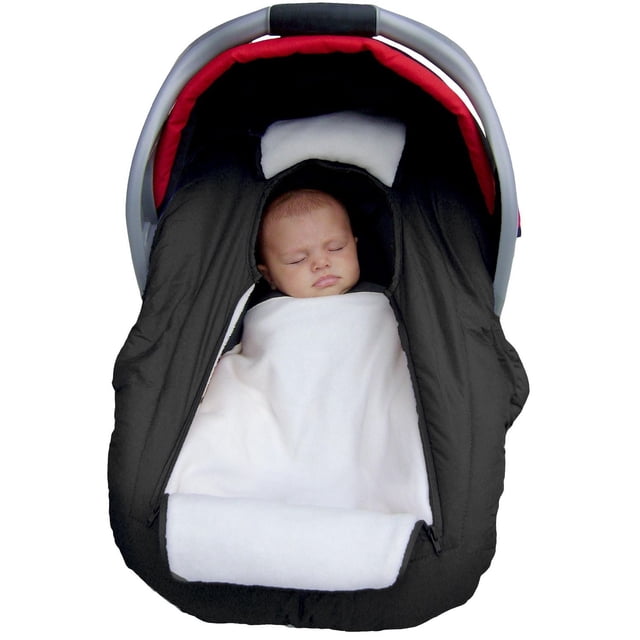 Jolly Jumper Arctic Sneak-a-Peek Infant Car Seat Cover in black with red trim, fleece-lined interior and attached white blanket, featuring dual zipper access and elasticized edges for a secure fit on most infant car seats.