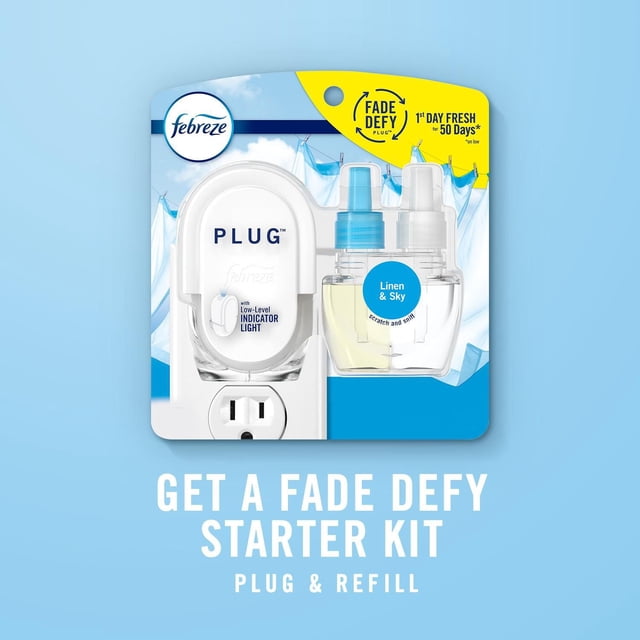 Febreze Plug In Air Freshener starter kit with white plug featuring low-level indicator light and two Linen & Sky scented oil refills, offering fade defy technology for up to 50 days of continuous automatic odor control, shown on blue packaging with clothes drying in background.