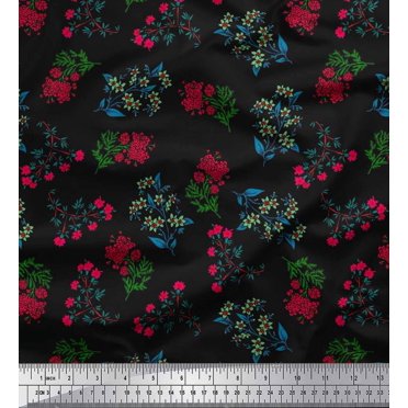 Soimoi Satin Silk Fabric Leaves & Pink Flower Floral Print Fabric by the Yard 42 Inch Wide