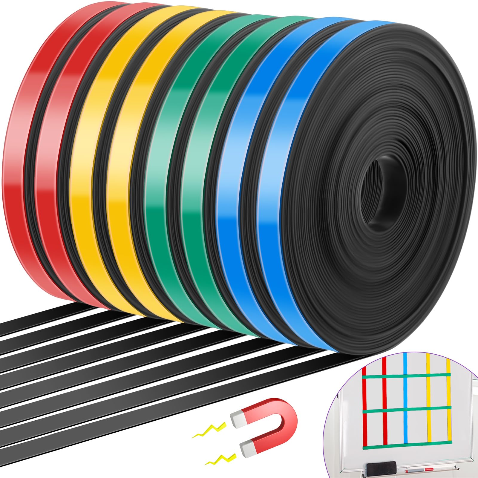 Saypacck 8 Rolls Magnetic Tape Roll Thin Strips, 2/5 in x 33 ft Magnetic Whiteboard Graphic Decorative Dry Erase Colorful Board Dividers for Marking Line Classroom Offic