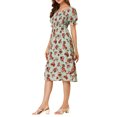 thumbnail image 4 of INSPIRE CHIC Robe pour Femme Smockée à Fleurs à Encolure Carrée Manches Courtes Bouffantes Printemps Été Robes Midi Vert TG, 4 of 7