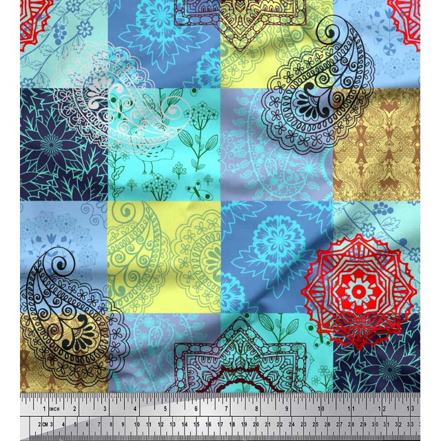 Soimoi Satin Silk Fabric Mandala & Paisley Patchwork Print Sewing Fabric Yard 42 Inch Wide