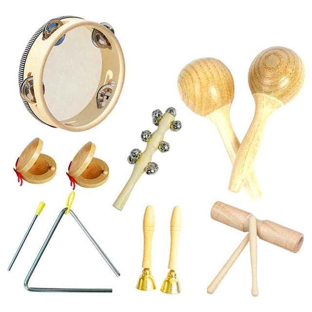 Percussion Instruments Toy Musical Instrument Set with Storage Bag Natural Wood 7-piece 0.684Kg. Includes a tambourine, maracas, castanets, bells, triangle, and wooden rhythm sticks. Made of natural wood with no paint or coatings, designed for kids' musical sensitivity, creativity, and hand-eye coordination development. Perfect educational toy for preschoolers, promoting teamwork and problem-solving skills. Comes with a storage bag for easy cleanup and storage.