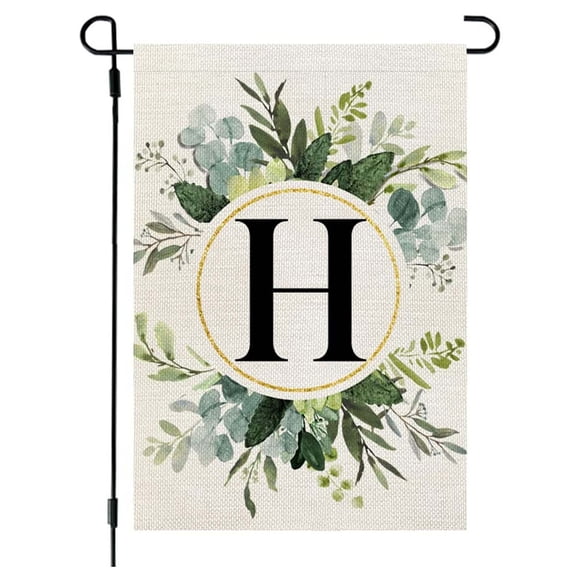Style Ins, 26 Lettres+impression Plante Verte, Drapeau de Jardin en Lin, Première Lettre du Nom de Famille, Drapeau Suspendu à la Porte de la Cour