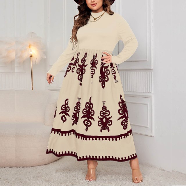 Ovzne Robes d'Été pour Femmes 2025 Robe Femme Mode pour Femmes Style Ethnique Imprimé Col Rond Manches Longues Robe Facile Robe de Printemps à Manches Longues Imprimée Liquidation