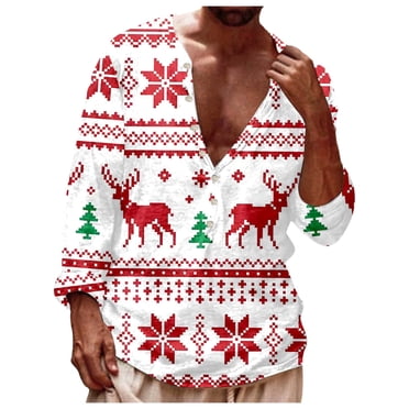 LUOGENLI T-shirts pour Homme pour Hommes T-Shirt de Noël Imprimé Pixel Flocon de Neige Thème Cerf à Boutons Manches Longues Décontracté T-Shirt Tee T-shirts Hommes Blanc Vêtements d'Été Blanc TTG