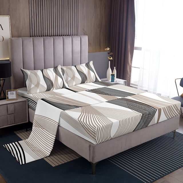 Erosebridal Checkered Geometry Bed Sheets Set Full Size, Chic Tan Bed Sheets Full, Mid Century 4 Pieces