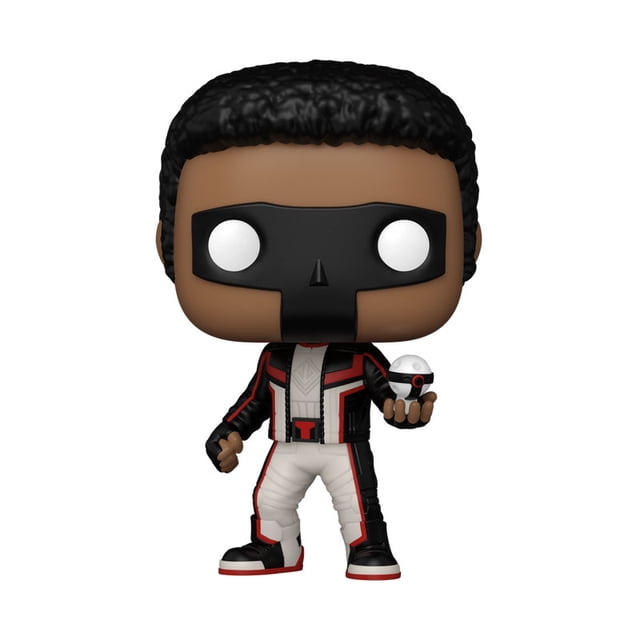 Funko Pop! Heroes: DC Comics - Mr. Terrific Vinyl Figure with black curly hair and a black mask covering the eyes and nose. The figure wears a black, white, and red suit with detailed patterns and holds a small white and black spherical device in the right hand. Standing over three inches tall, this vinyl figure is ideal for action figure and bobblehead collections.