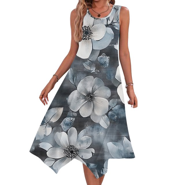 Ovzne Robes pour Femmes Robe de Plage Robes pour Femmes Sans Manches Col Rond à Cordon Décontractée à Volants Robe Trapèze Courte Robe de Printemps Liquidation