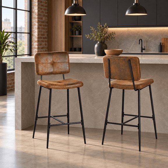 Homy Casa 2-Piece Brown Faux Leather Counter Height Bar Stool Set, Upholstered Kitchen Island Chairs with Black Metal Legs