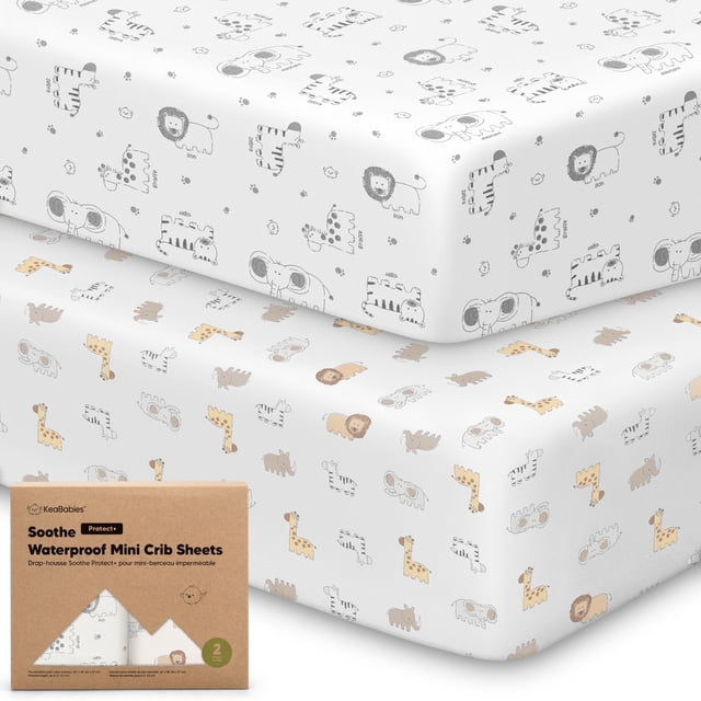 2-Pack Pack and Play Sheets, Waterproof Mini Crib Sheets Fitted in Keasafari design by KeaBabies. Includes two organic cotton sheets with animal-themed prints, designed to fit Graco Pack and Play mattresses measuring 97cm x 66cm up to 12cm. Features a waterproof layer for protection against leaks and spills, and SnugFit Tech for easy fitting. Durable, machine washable, and suitable for both boys and girls.