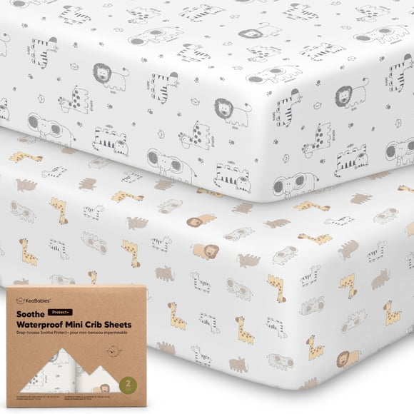 2-Pack Pack and Play Sheets, Waterproof Mini Crib Sheets Fitted - Organic Cotton Pack N Play Sheets for Graco Pack and Play Mattress, Playard Baby Cr