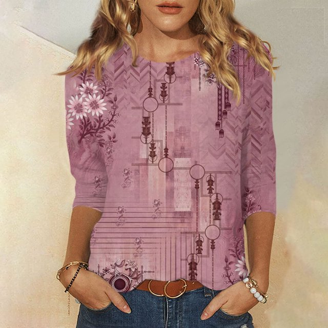 Hauts pour Femmes T-shirt Ample Imprimé de Mode pour Femmes Blouse à Manches 3/4 Col Rond Hauts Décontractés Hauts à Manches 3/4 pour Femmes en Liquidation