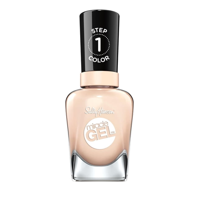Sally Hansen Miracle Gel gel nail polish in nude beige with a black cap labeled Step 1 Color, providing a chip-resistant, vegan formula for salon-quality manicures lasting up to 8 days without UV light, ideal for at-home use.