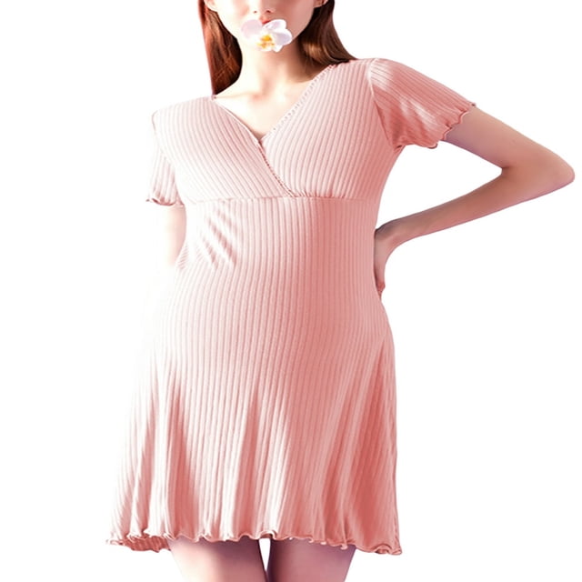 Robe de Maternité à Manches Courtes pour Femmes, Col en V, Volants, Chemise de Nuit de Maternité