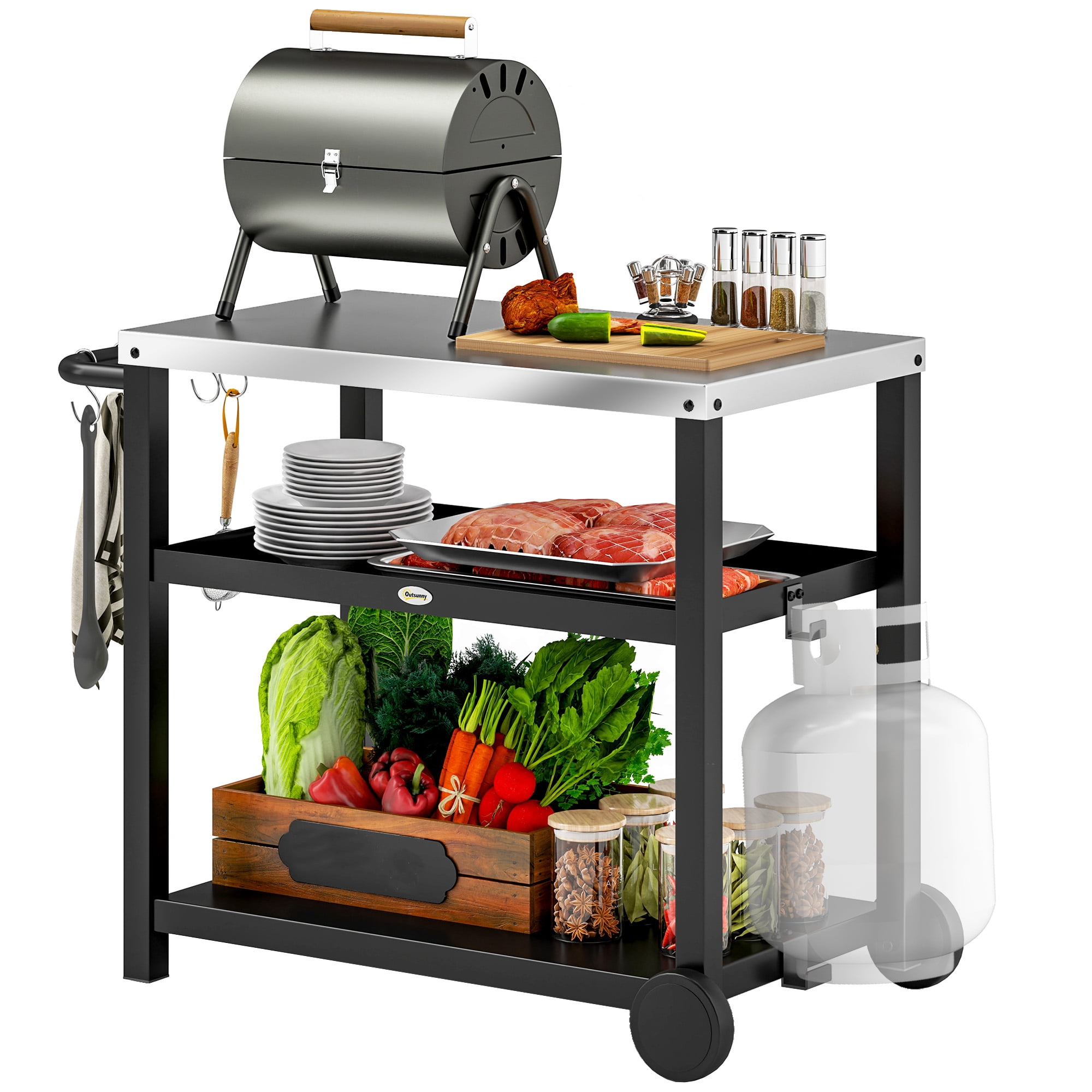 Outsunny BBQ Cart Pizza Oven Table with 2-Tier Shelf Wheels, Black