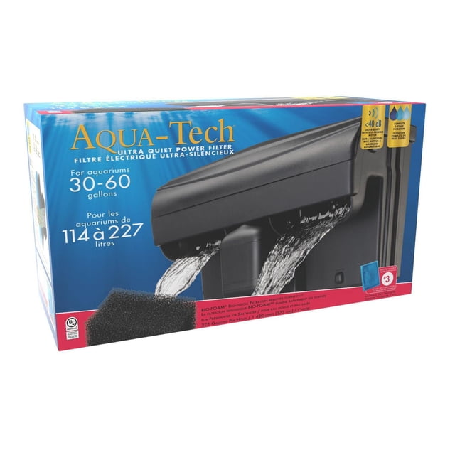 Aqua-Tech 30-60 Boîtier de Filtre de Puissance Affichant un Filtre de Puissance Noir ultra Silencieux pour aquariums de 30 à 60 Gallons (114 à 227 Litres) avec l'Eau Qui s'Écoule du Filtre et un Coussinet en Bio-Mousse Noir, Mettant en Valeur Sa filtration à 3 Étapes et le Niveau de Bruit sous 40 dB.