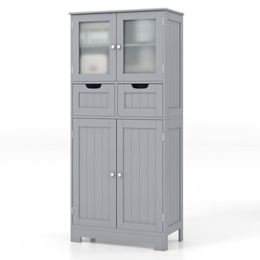 Costway Armoire de Rangement de Salle de Bain pour Plancher Armoire de Cuisine avec 2 Tiroirs et Portes en Verre Gris