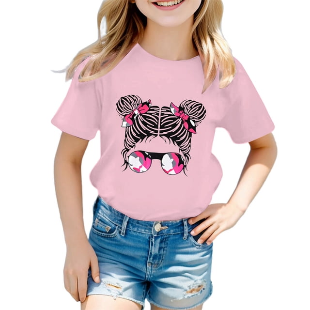 LUOGENLI T-Shirt pour Filles Enfant Filles Mignon Imprimé Graphique Col Rond Manche Courte Tee Été Décontracté Chemise Hauts Chemises pour Filles Midi Chemises Crayon 5-6 Ans
