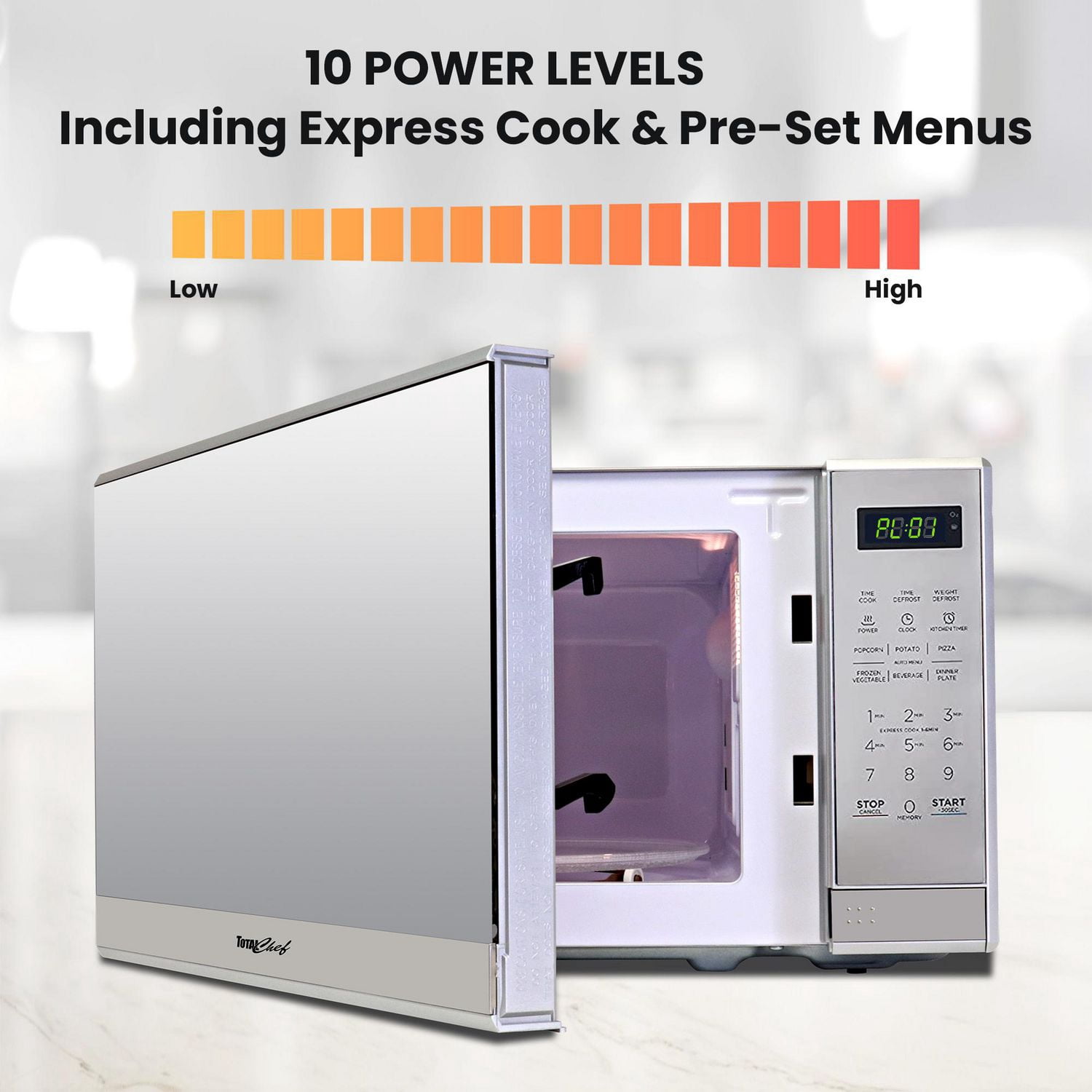 Micro-ondes de comptoir Total Chef en acier inoxydable, 0,7 pi³ (environ 20 L), avec affichage numérique à DEL, 700 watts