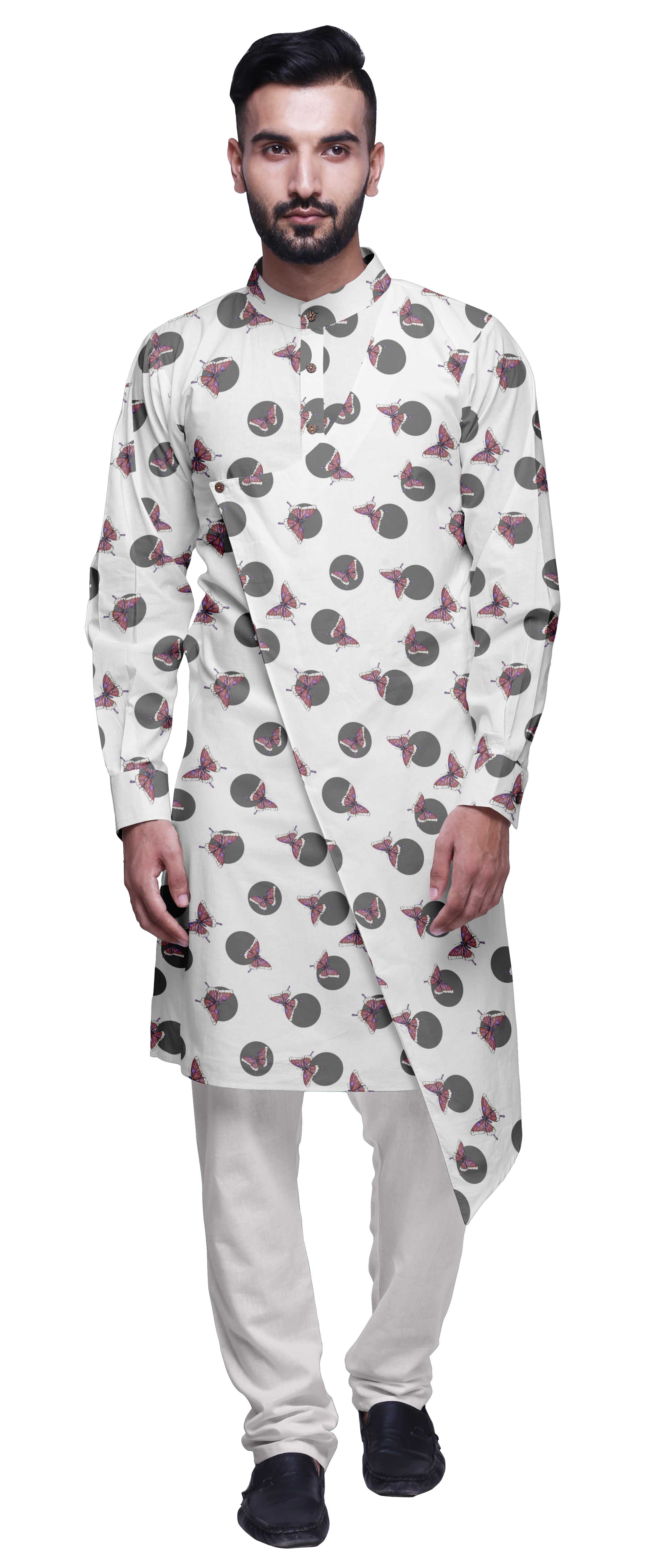 Atasi Kurta Pyjama de Designer pour Hommes Ensemble Kurta Angrakha Imprimé Vêtements d'Été Blanc
