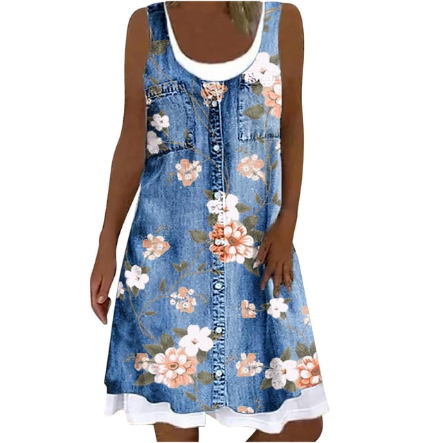 Pisexur Robe en Denim pour Femme Sans Manches à Col en V, Robe Midi à Fleurs, Décontractée, Fente Latérale, Robe-Chemise en Jean