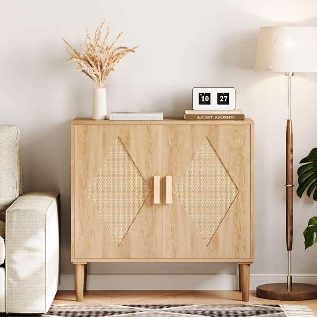 Kojooin Rattan Accent Cabinet with Storage, Two-Door Sideboard with Woven Decor, Storage Buffet for Living Room, Dining Room, Entryway