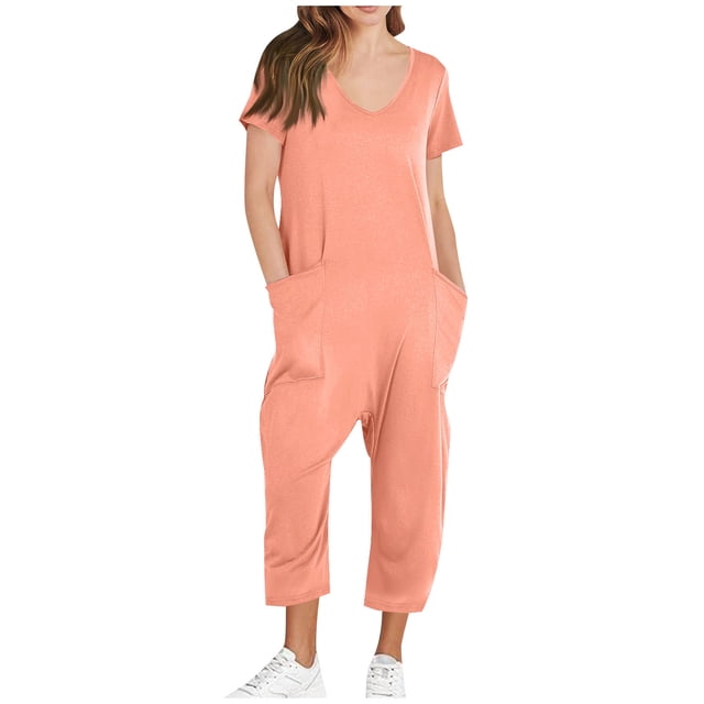 Yuyuzo Jumpsuits for Women Short Sleeve V Neck Rompers Wide Leg Cropped Pants Overalls with Pockets