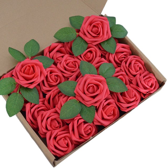 25 Pieces Artificial Flowers Set Fake Roses Flowers Bouquets Decorative for Wedding Baby Shower Florals Centerpieces Red
