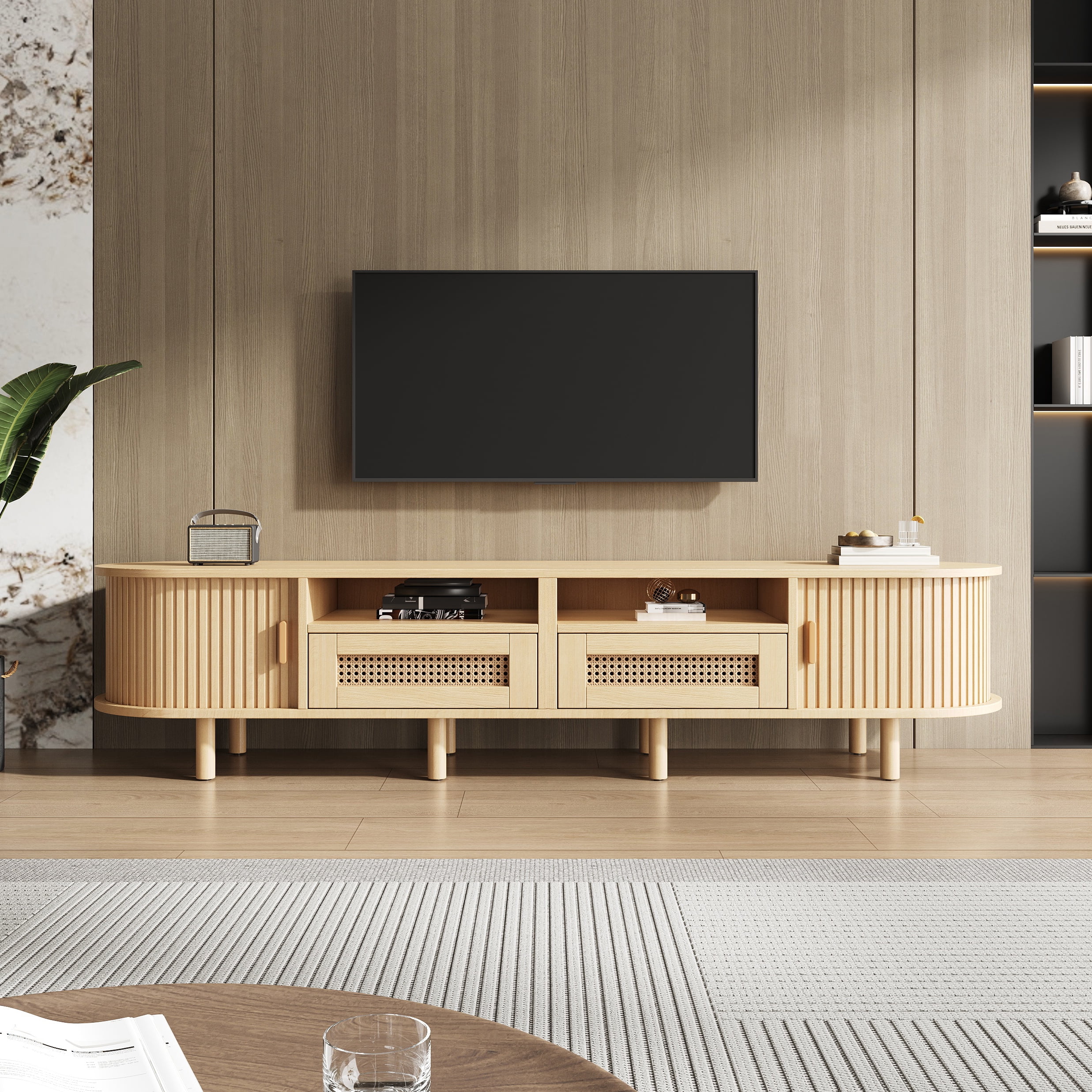 Homy Casa TV Stand for TVs up to 65", 64.9" Modern Media Console with 2 Drawers, 2 Cabinets & Open Shelves, Natural Oak